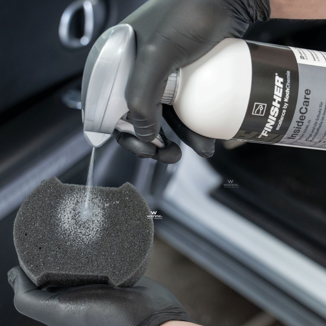 Bottle of Koch Chemie The Finisher InsideCare Interior Plastic Care being sprayed on applicator