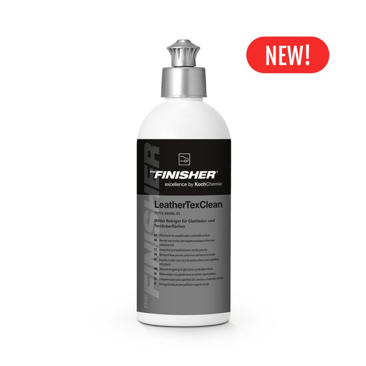 Bottle of Koch Chemie The Finisher LeatherTexClean on a white background with a 'NEW!' label.