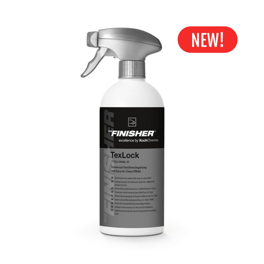 Spray bottle labeled Koch Chemie 'Finisher TexLock' with a 'NEW!' label on a white background