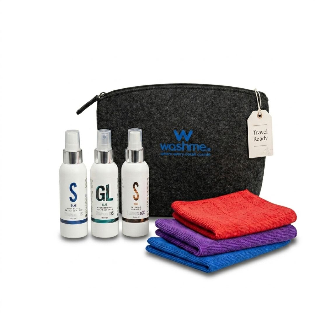 Washme travel kit with three bottles and three cloths on a white background