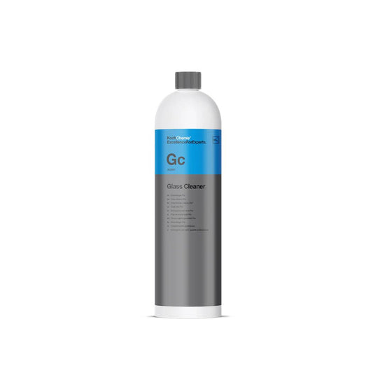 Bottle of Koch Chemie GC glass cleaner with a blue label on a white background