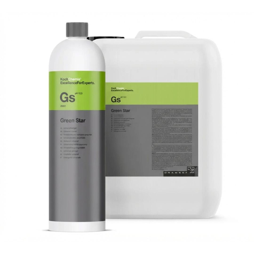Two bottles of Koch Chemie GS Green Star in 1L and 5L cleaning solution on a white background. Koch Chemie Ireland