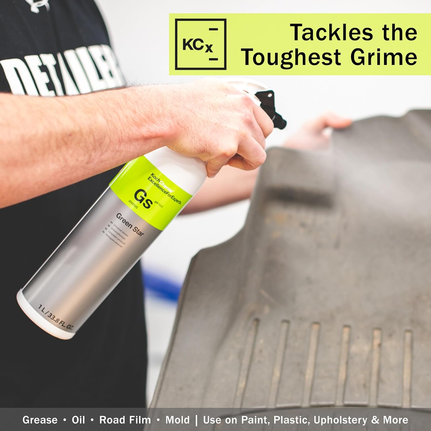 Person using a spray bottle labeled 'KCx' on a car interior surface with text highlighting product features.