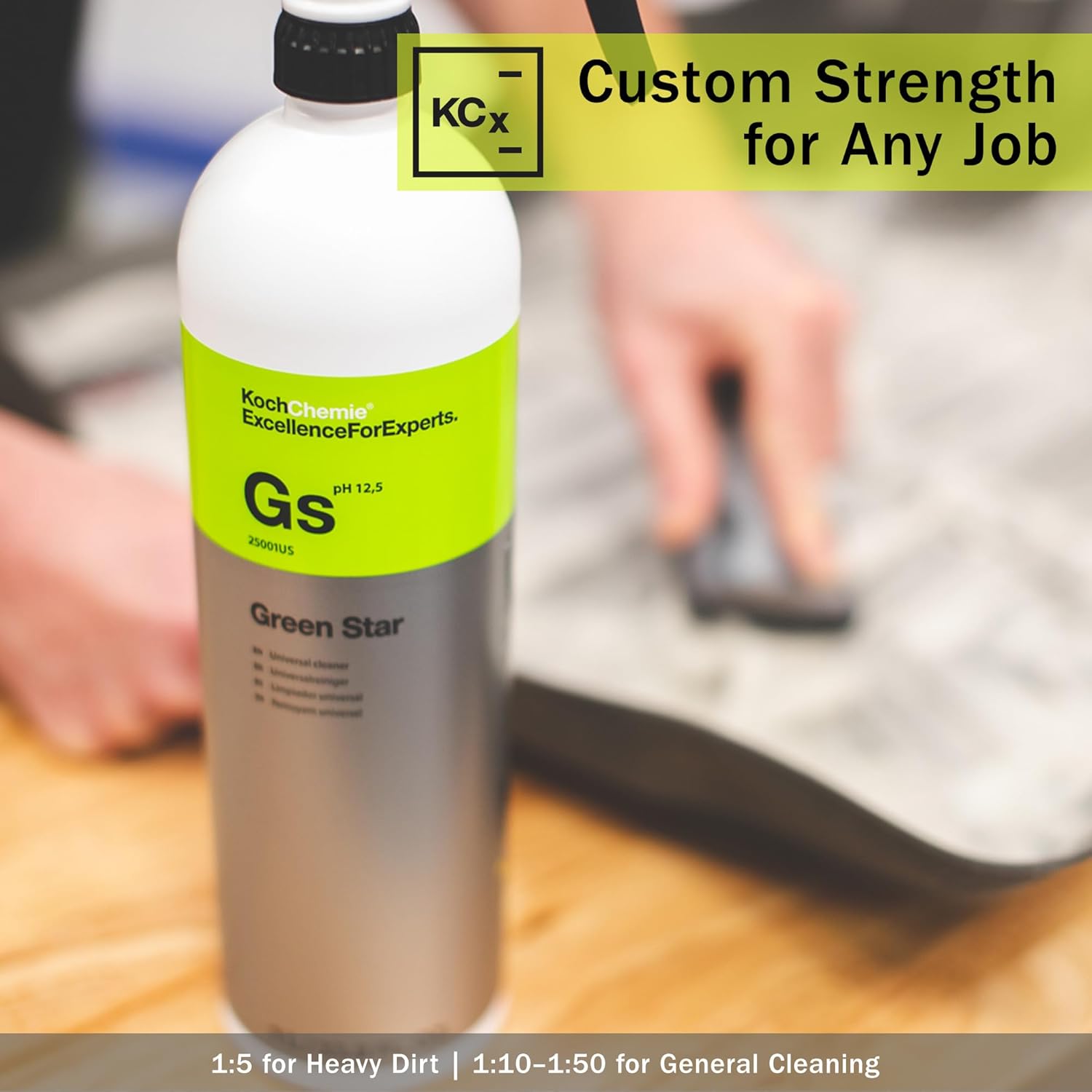 Bottle of Koch Chemie Green Star with text about custom strength for cleaning.