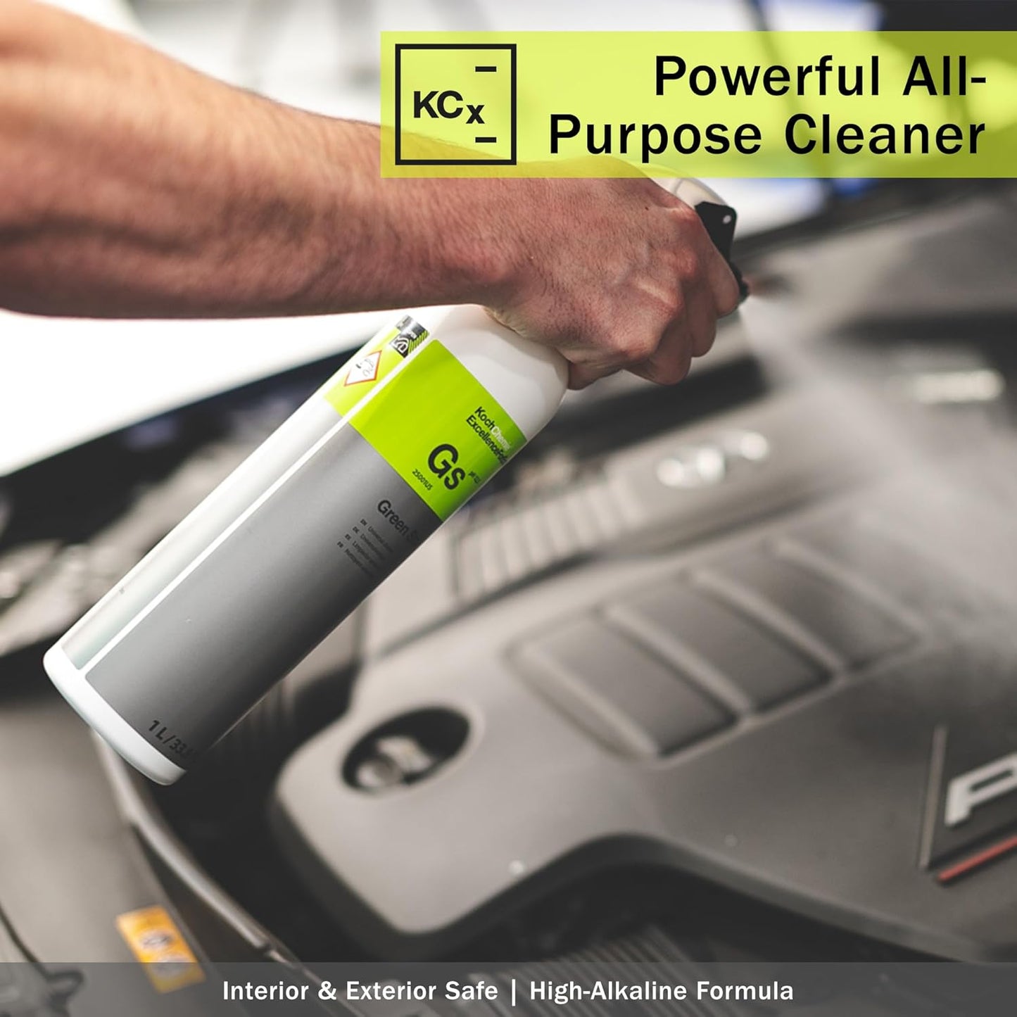 Person using a bottle of KCx Powerful All-Purpose Cleaner inside a vehicle.