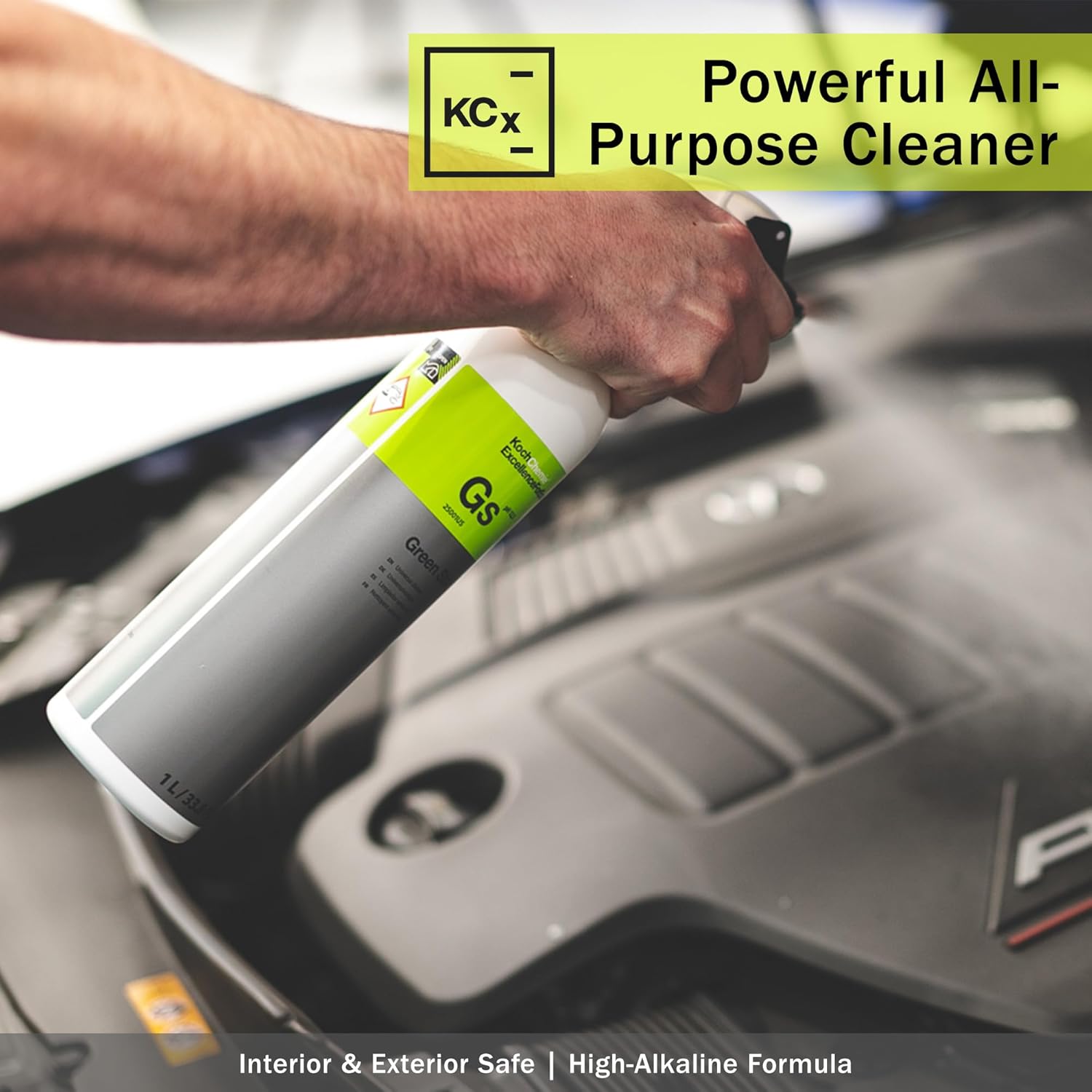 Person using a bottle of KCx Powerful All-Purpose Cleaner inside a vehicle.