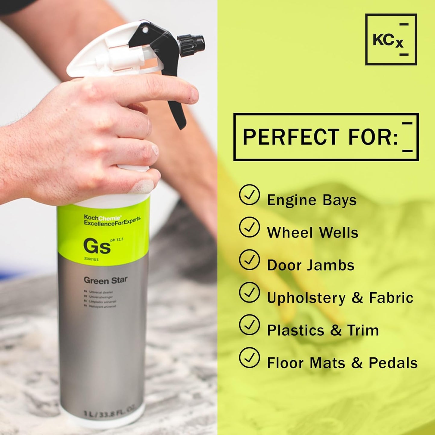 Spray can with green label held by a hand, on a white background with KCx branding and product uses listed.