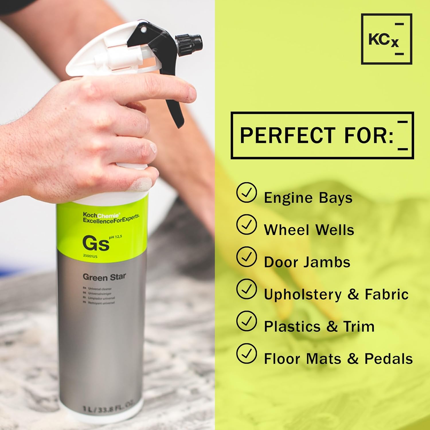 Spray can with green label held by a hand, on a white background with KCx branding and product uses listed.
