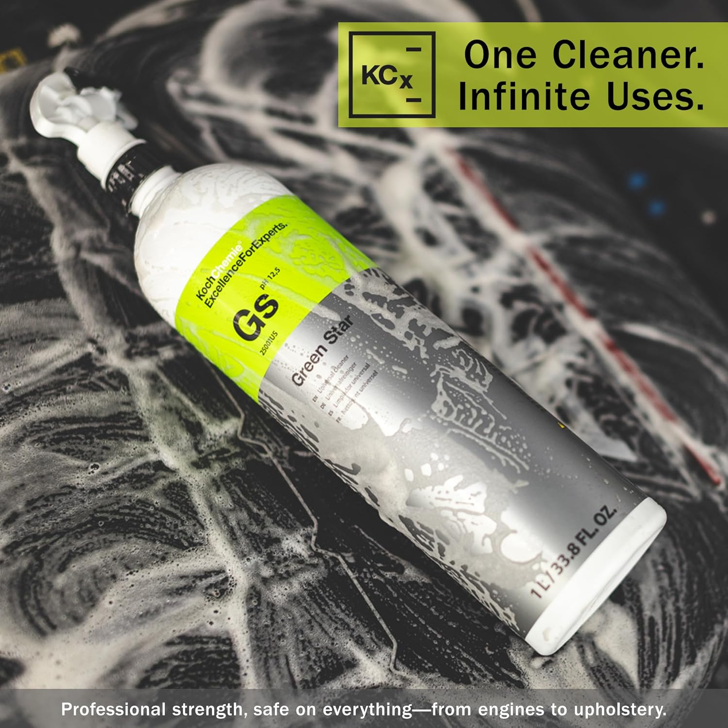 Bottle of Green Star cleaner on a soapy surface with KCx branding.