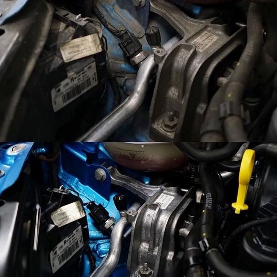 Close-up of a car engine with visible components and a yellow tool cleaned with Koch Chemie Green Star GS