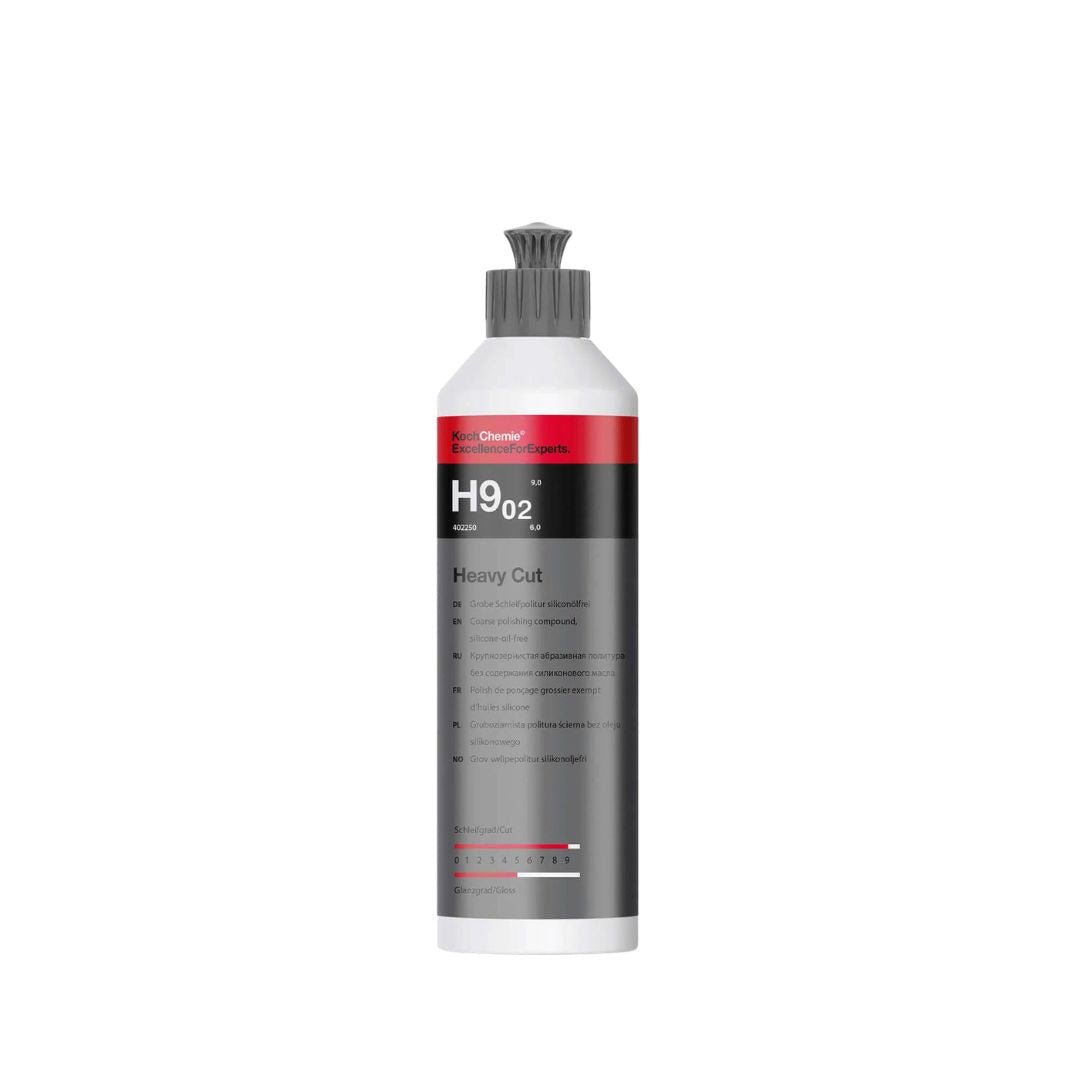A bottle of Koch Chemie “H9.02. Heavy Cut” polishing compound on a white background.