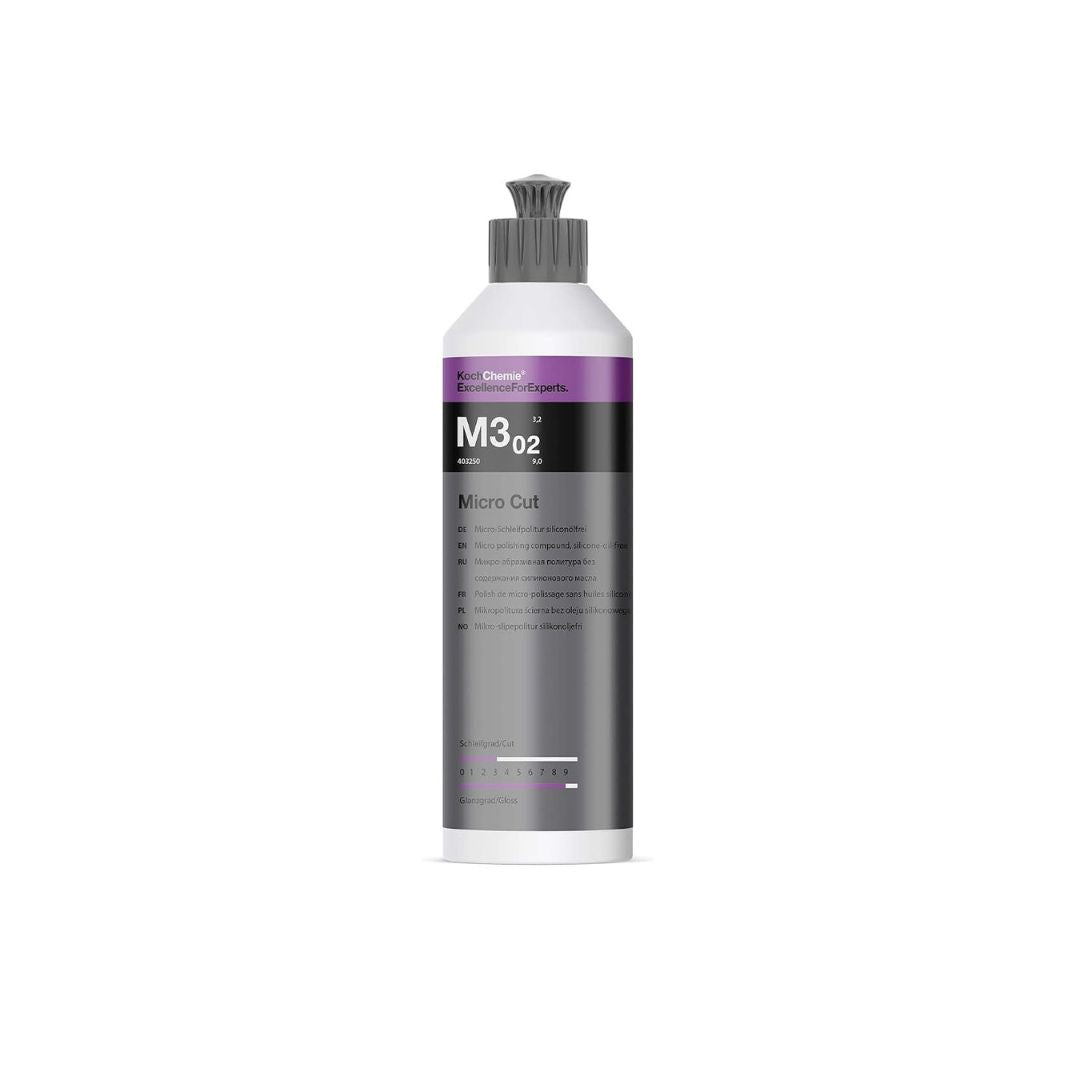 A bottle of M302 Micro Cut polishing compound by Koch Chemie, featuring a white bottle with a dark gray label and a purple accent band, set against a plain white background.