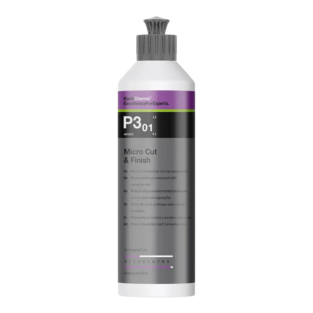 A white bottle of Koch Chemie Micro Cut & Finish P3.01 polishing compound with a dark gray cap and a label featuring purple and black sections, set against a plain white background.
