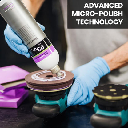 Person using a micro-polishing tool with Koch Chemie Micro Cut & Finish P3.01 polishing compound