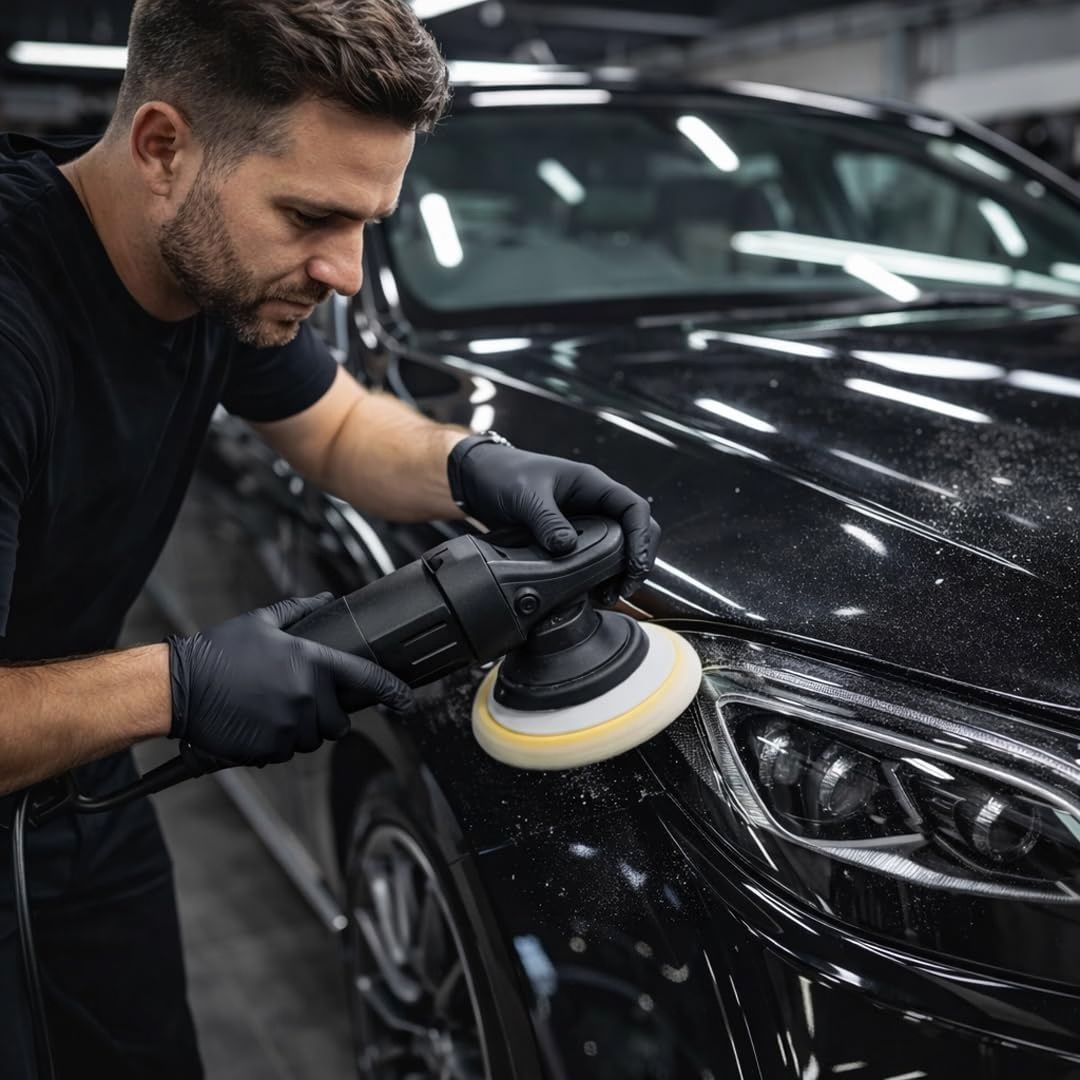 Man polishing a black car with a polisher in a garage.