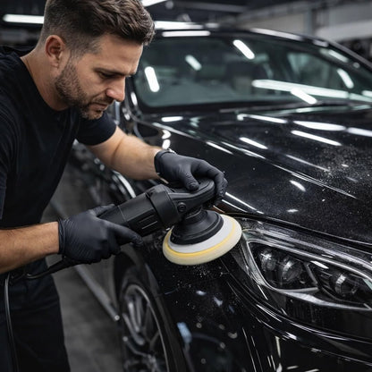 Man polishing a black car with a polisher in a garage.