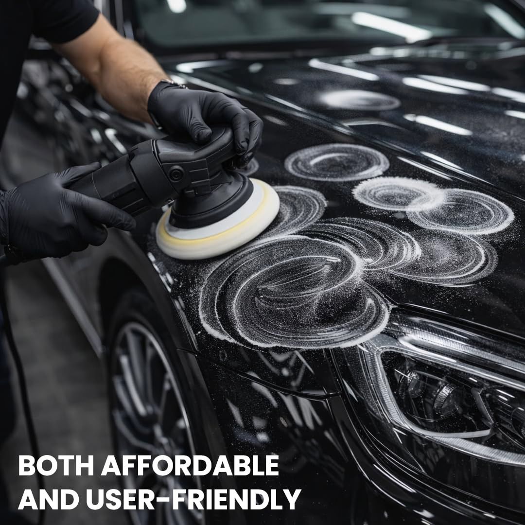 A person wearing black gloves uses a black orbital polisher with a white foam pad to apply circular polishing compound to the glossy black hood of a car. White text at the bottom reads 'BOTH AFFORDABLE AND USER-FRIENDLY'.