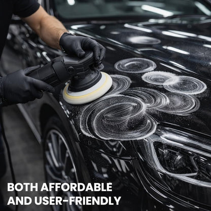 A person wearing black gloves uses a black orbital polisher with a white foam pad to apply circular polishing compound to the glossy black hood of a car. White text at the bottom reads 'BOTH AFFORDABLE AND USER-FRIENDLY'.