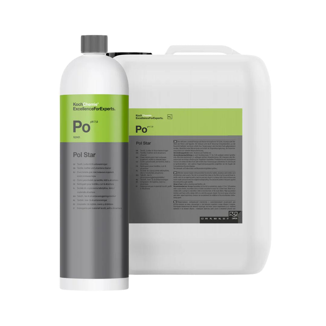Two bottles of Koch Chemie Pol Star  (PO) on a white background. 1l and 5l container. Koch Chemie Ireland