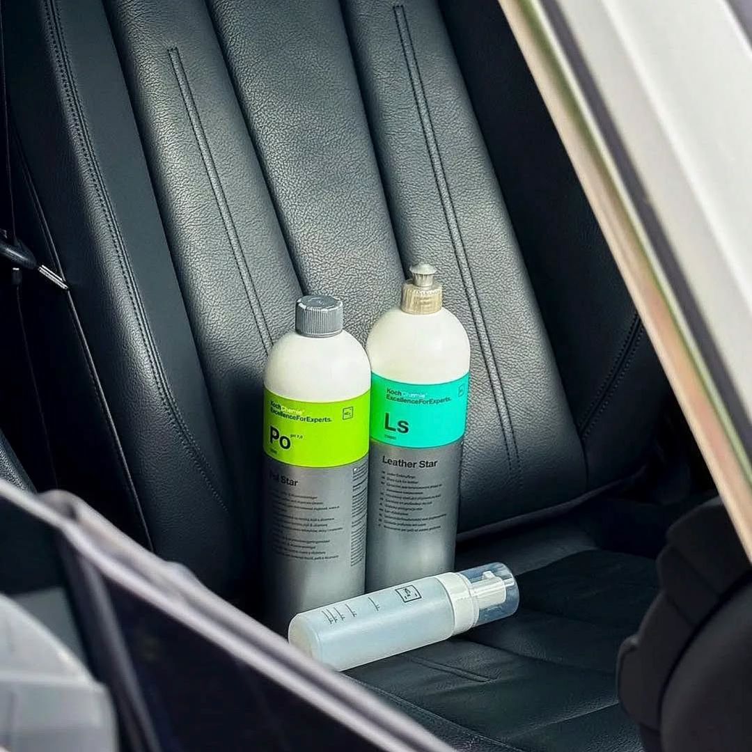 Koch Chemie LS Leather Star - Leather Conditioner on black leather seat with Koch Chemie PO Pol Star. Koch Chemie Ireland