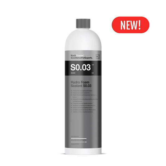 Bottle of Koch Chemie Hydro Foam Sealant S0.03 with a 'New!' label on a white background
