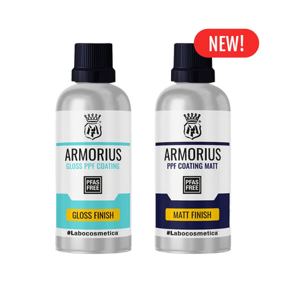 Two bottles of Armorius gloss and matt finish coatings on a white background