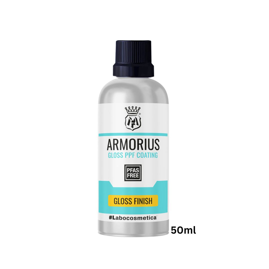 Bottle of Armorius gloss PPF coating with a white background