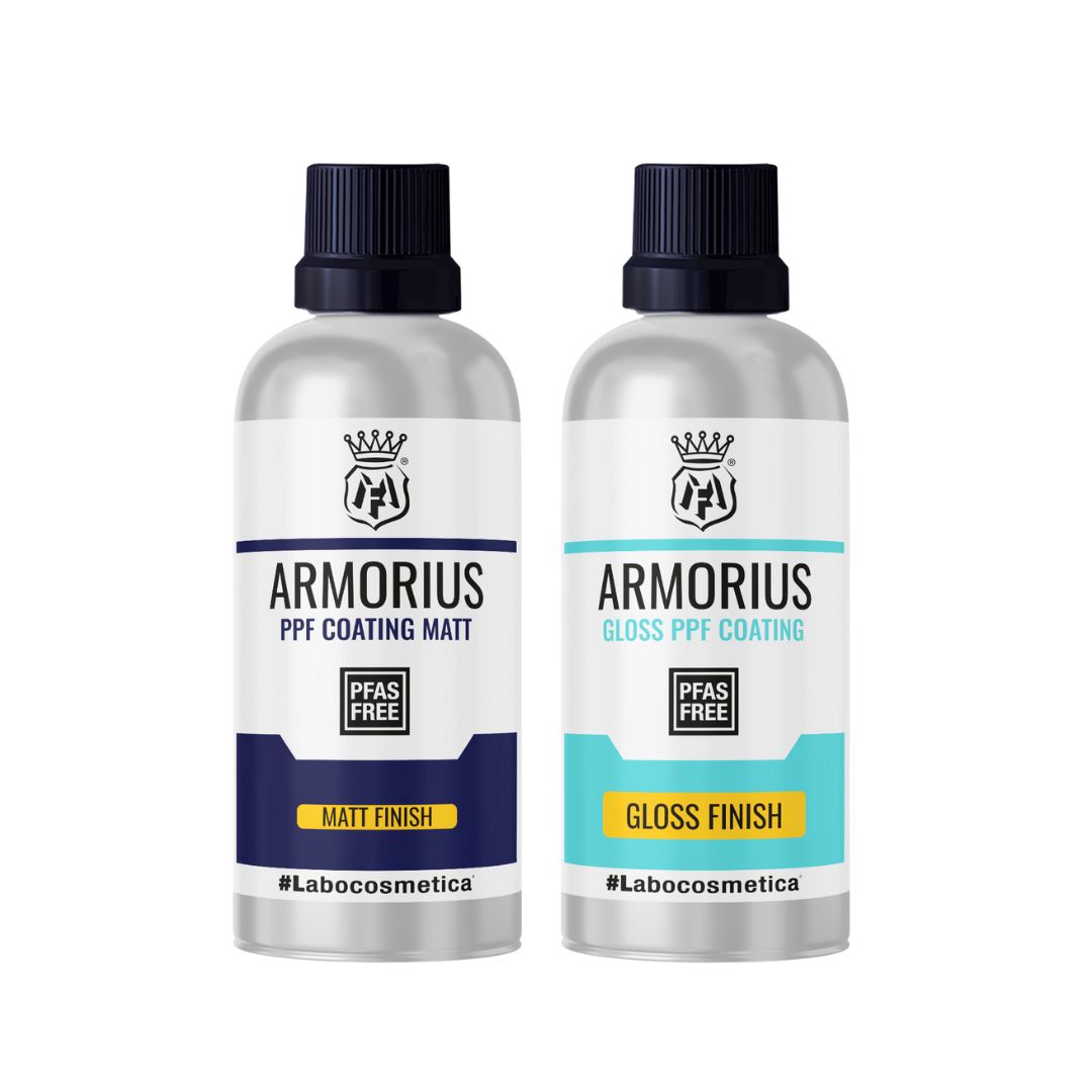 Two bottles of Armorius PPF Coating, one for Matt Finish and one for Gloss Finish, on a white background.