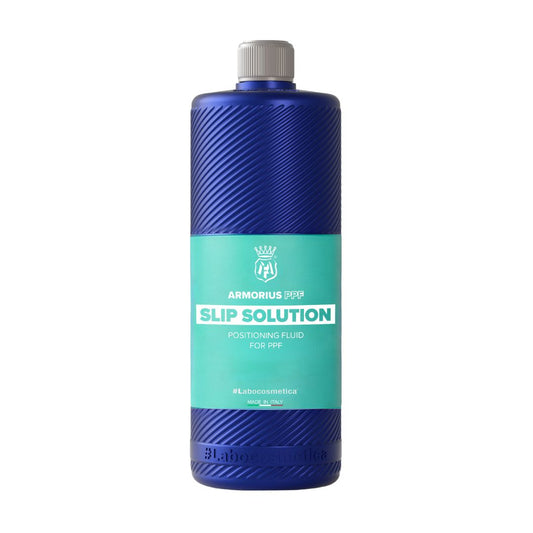 1000ml bottle of Labocosmetica Armorius Slip Solution Positioning Fluid for PPF, featuring a textured blue bottle with a teal label and a grey cap, shown on a white background.