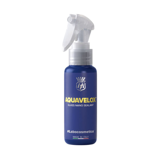 Blue Labocosmetica Aquavelox Glass Sealant spray bottle labeled 'Aquavelox' on a white background