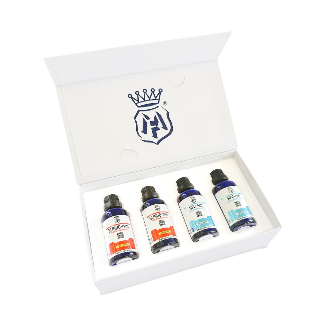 Set of four Labocosmetica Blindo and HPC Pro bottles in a white box with a brand logo