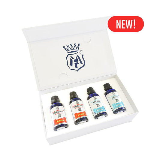 Set of four Labocosmetica Blindo and HPC Pro bottles in a white box with a brand logo and 'NEW!' label.