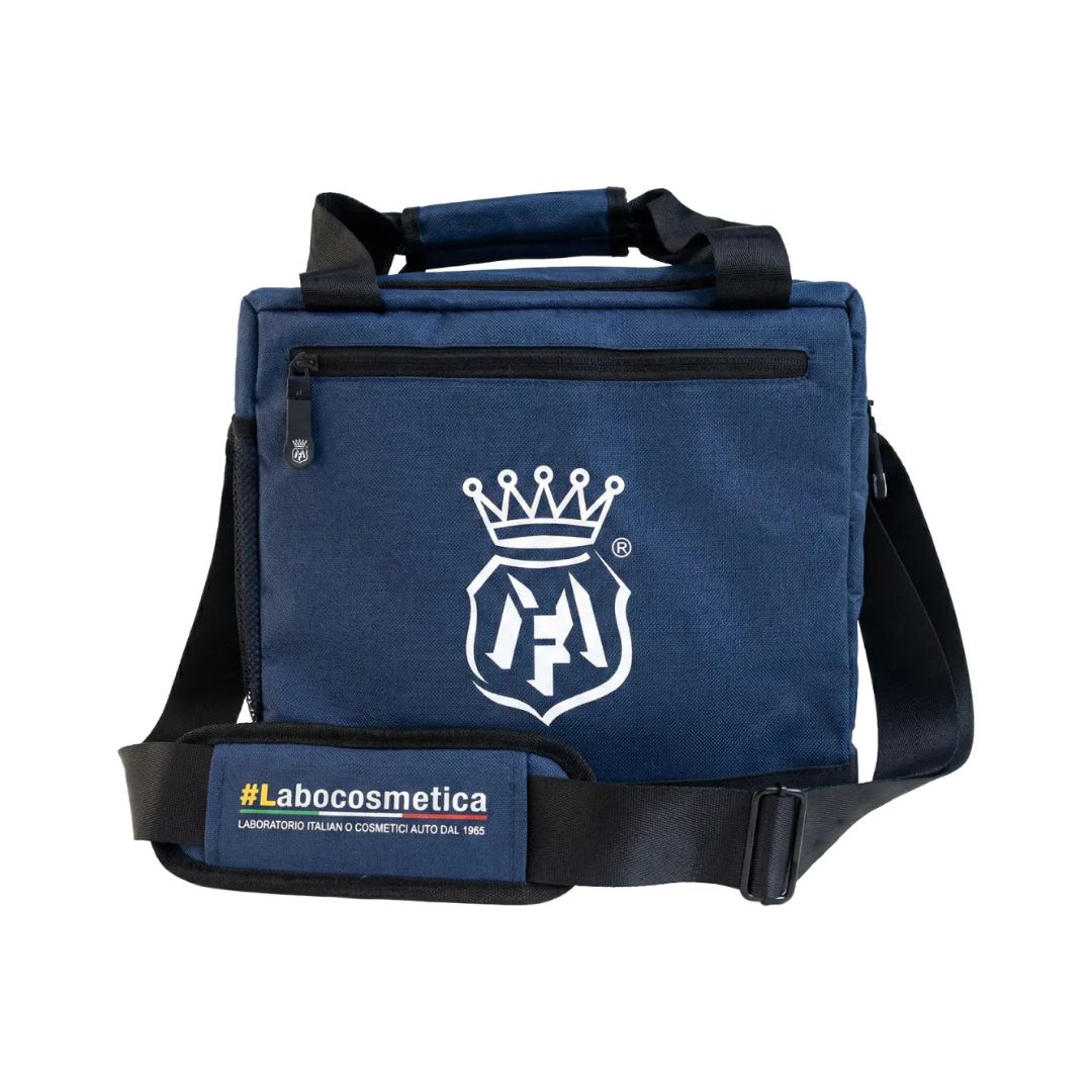 Blue Labocosmetica bag with a logo and text on a white background