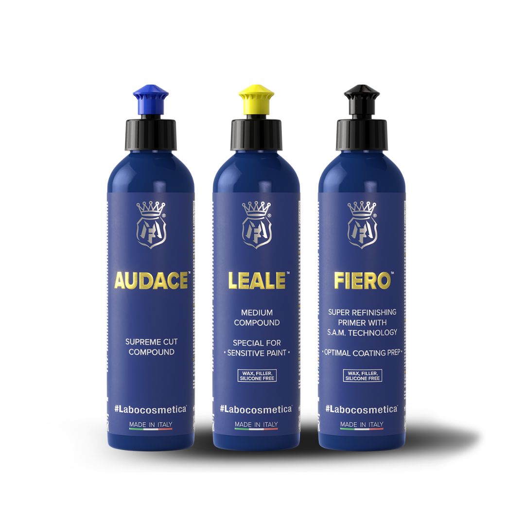 Labocosmetica Audace, leale and fiero polishing compounds. best car polish Ireland. compounds with polishing pads. cutting pad, microfibre pad. Labocosmetica Cork Ireland