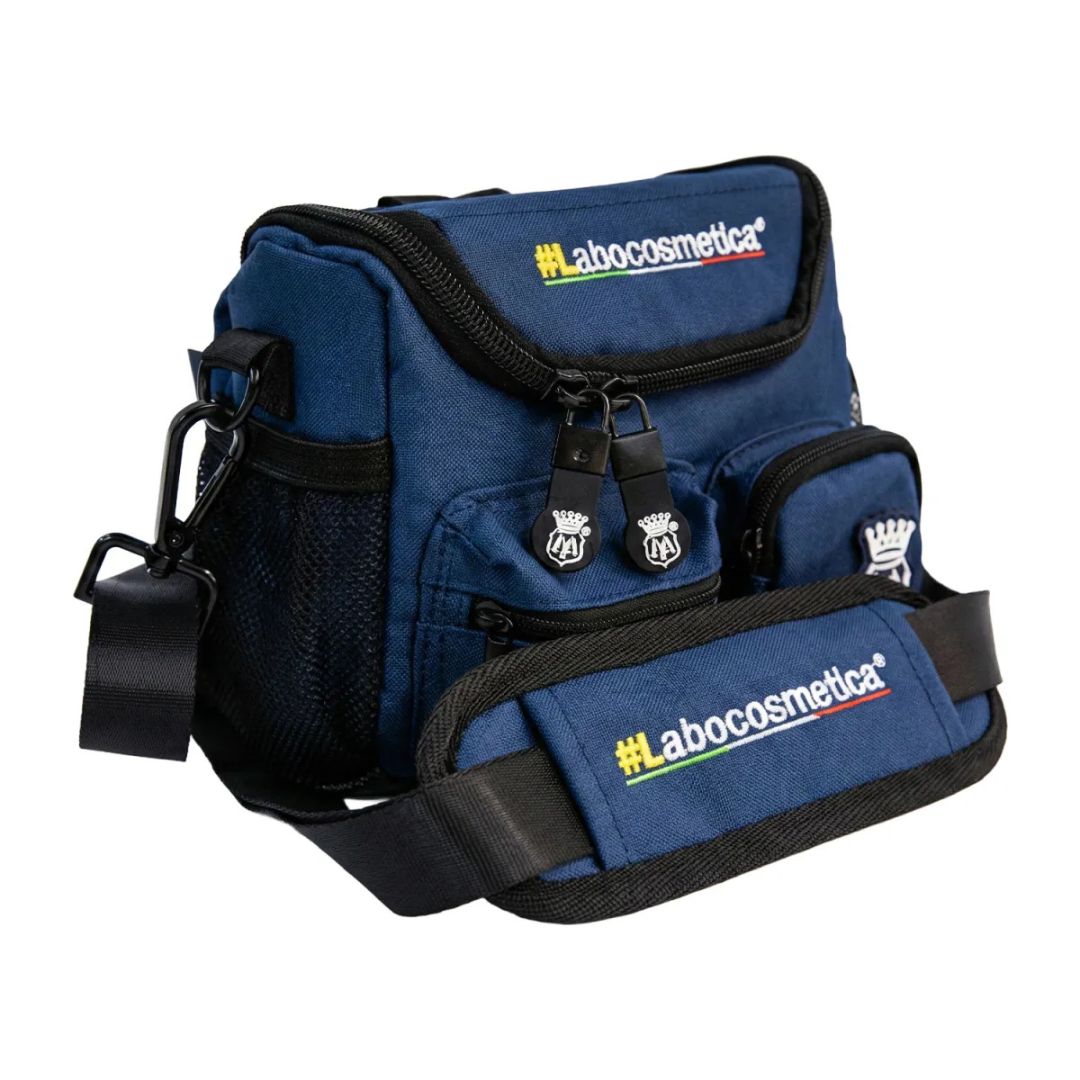 Blue cosmetic bag with black straps and Labocosmetica branding on a white background Labocosmetica Conibag - Detailing Shoulder Bag (Size S)