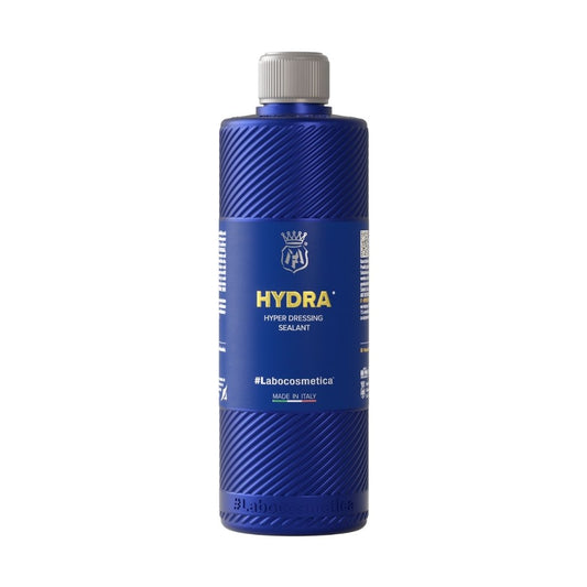 Blue bottle with Labocosmetica HYDRA Tyre and Trim Dressing. Labocosmetica Ireland