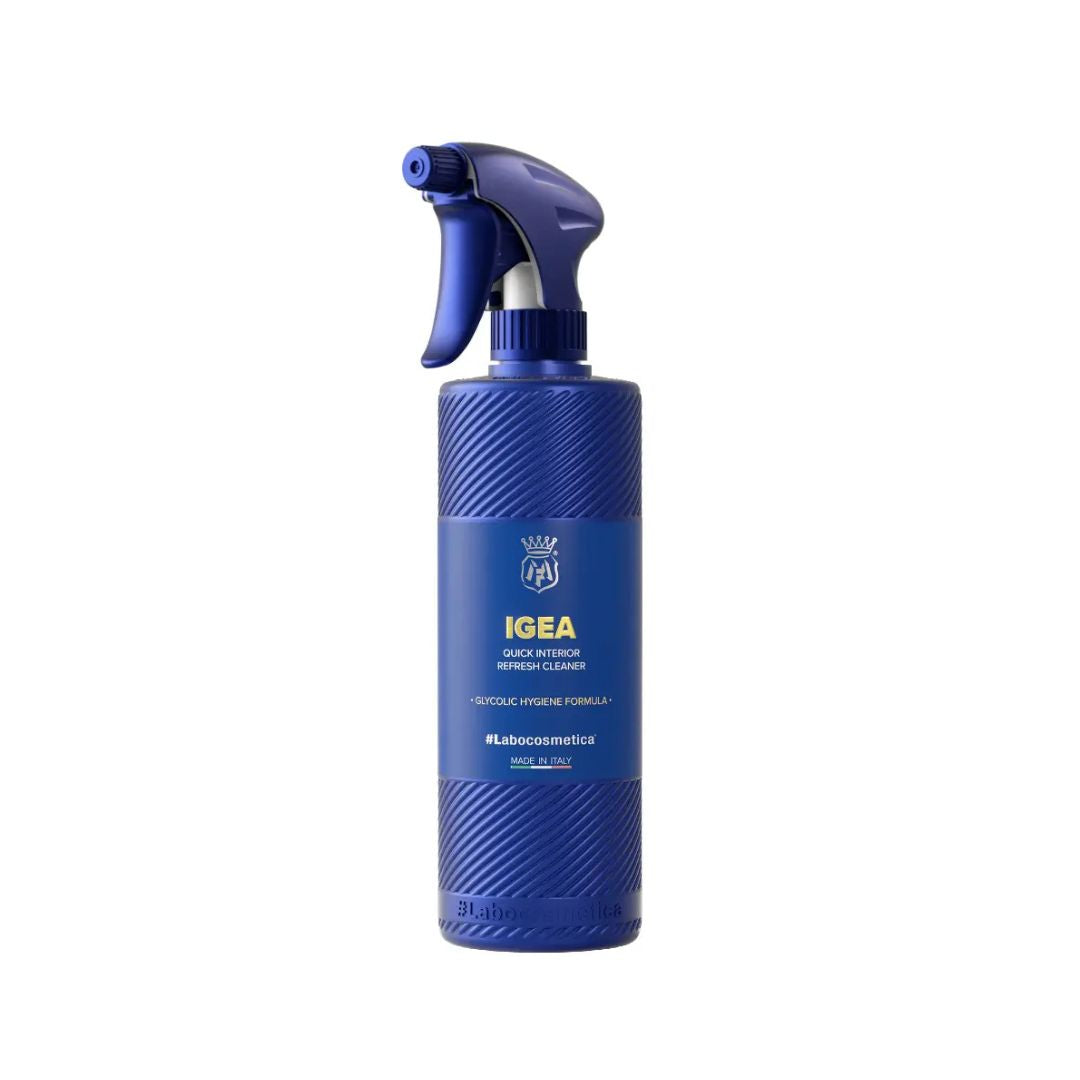 Blue bottle of Labocosmetica IGEA quick interior refresh cleaner on a white background
