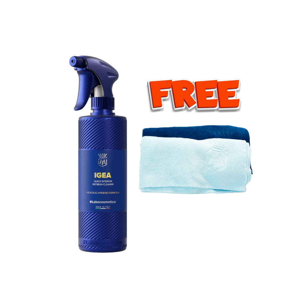 Blue spray bottle Labocosmetica IGEA with a free towel on a white background