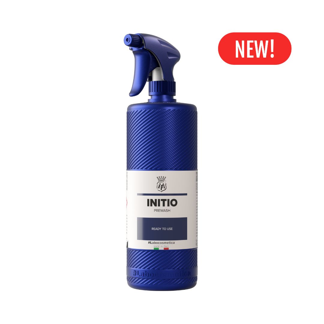 Blue spray bottle labeled 'Initio' with a 'NEW!' label on a white background