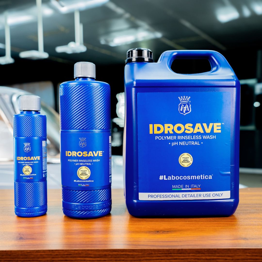 Labocosmetica Idrosave is the latest polymer rinseless wash on the market. With a new and innovative formulation that offers a complete solution for washing and protecting vehicles in a single step without the need for additional rinsing.  Idrosave can also be used as a rinse aid and works just as good as a Waterless wash too!