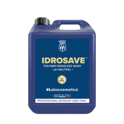 Labocosmetica Idrosave is the latest polymer rinseless wash on the market. With a new and innovative formulation that offers a complete solution for washing and protecting vehicles in a single step without the need for additional rinsing.  Idrosave can also be used as a rinse aid and works just as good as a Waterless wash too!