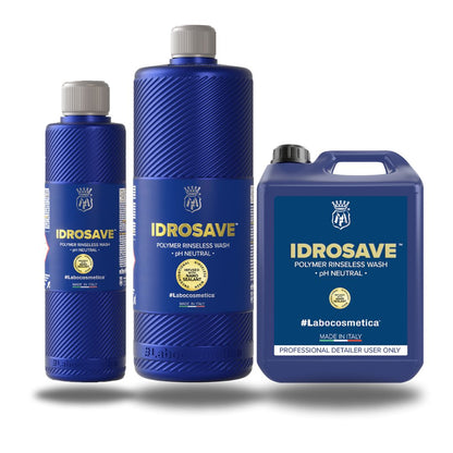 Labocosmetica Idrosave is the latest polymer rinseless wash on the market. With a new and innovative formulation that offers a complete solution for washing and protecting vehicles in a single step without the need for additional rinsing.  Idrosave can also be used as a rinse aid and works just as good as a Waterless wash too!