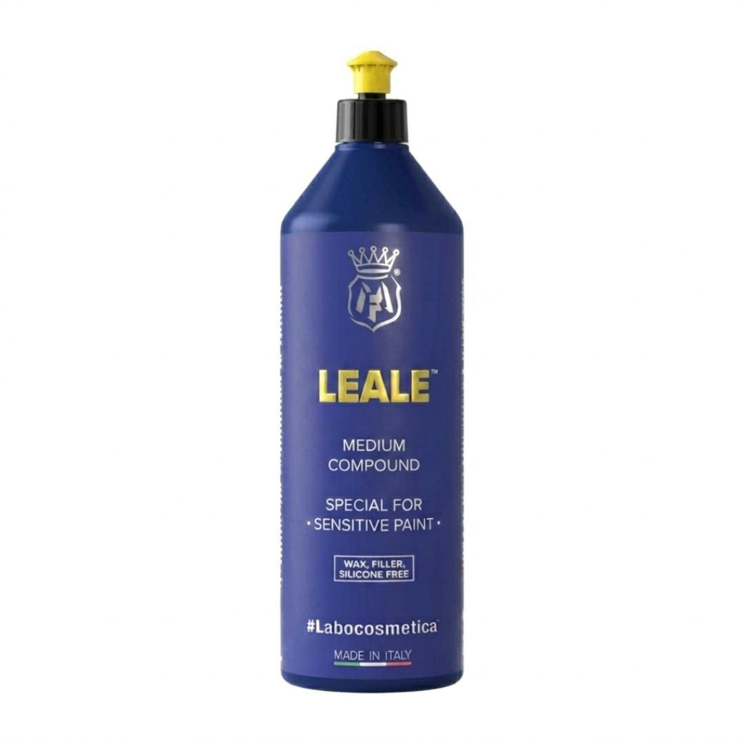 Blue bottle of Labocosmetica Leale medium compound on a white background