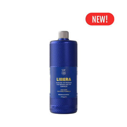 Blue bottle of Libera with a 'New!' label on a white background