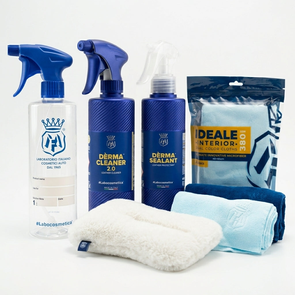 A car care and interior cleaning kit from Labocosmetica, including a clear spray bottle with a blue trigger sprayer, two blue spray bottles labeled Derma Cleaner 2.0 and Derma Sealant, a package of Ideale Interior cloth wipes, and three microfiber cloths in white, light blue, and dark blue, arranged on a white background.