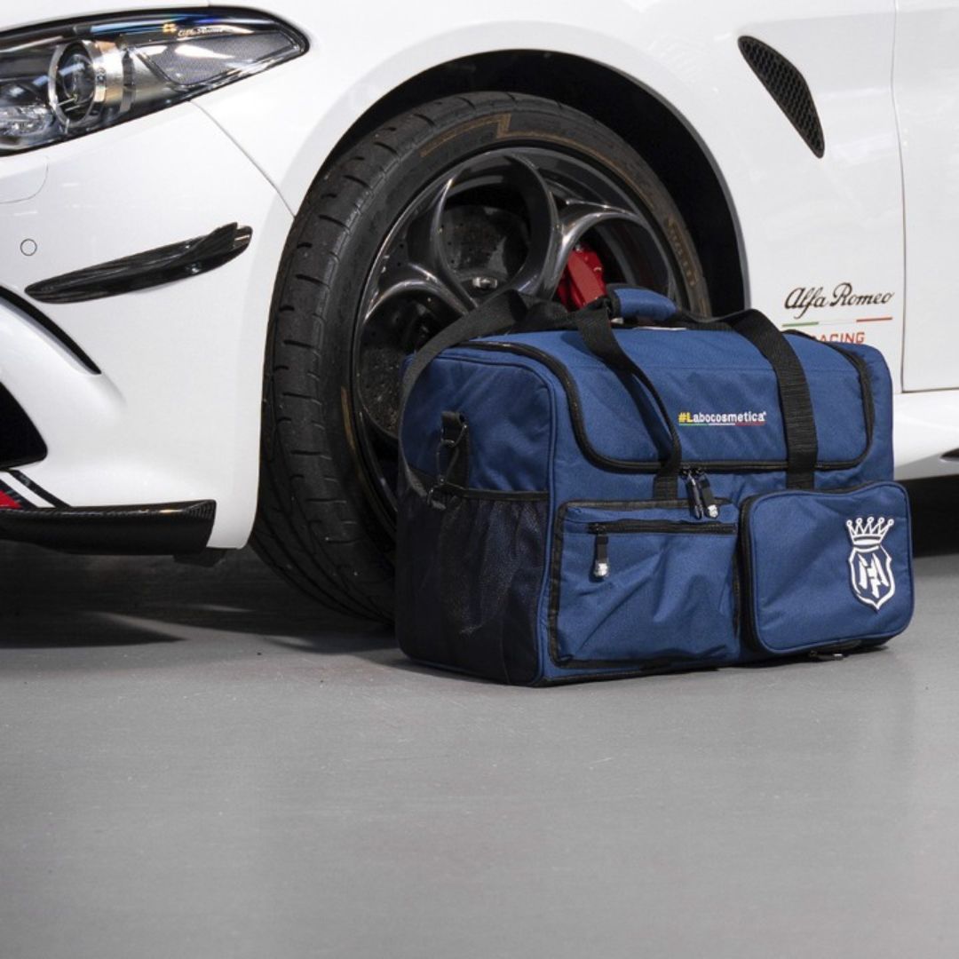Blue tool bag with black accents on a white car. Labocosmetica Multi Tool Bag – Large Detailing & Polisher Bag (Size L)