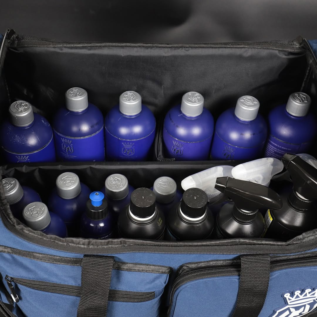 Blue bottles with silver caps inside a blue cooler bag. Labocosmetica Multi Tool Bag – Large Detailing & Polisher Bag (Size L)