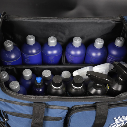 Blue bottles with silver caps inside a blue cooler bag. Labocosmetica Multi Tool Bag – Large Detailing & Polisher Bag (Size L)