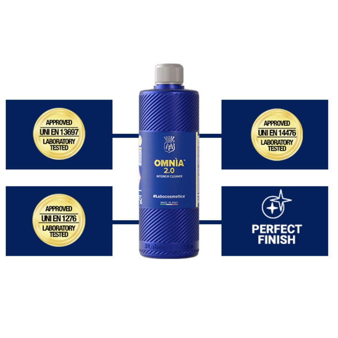 Blue bottle labeled Labocosmetica 'Omnia 2.0' with certification logos on a white background