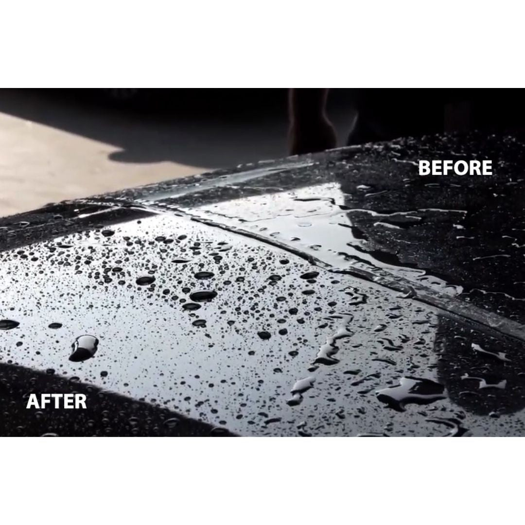 Comparison of a car's bonnet before and after using Labocosmetica Purifica Acid Shampoo, with 'Before' on the left and 'After' on the right.
